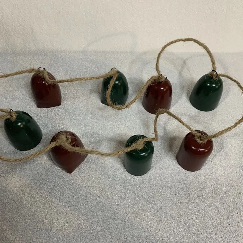 Jingle Bells Garland Christmas Holiday 2 Set Metal Green Maroon Rustic Jute New